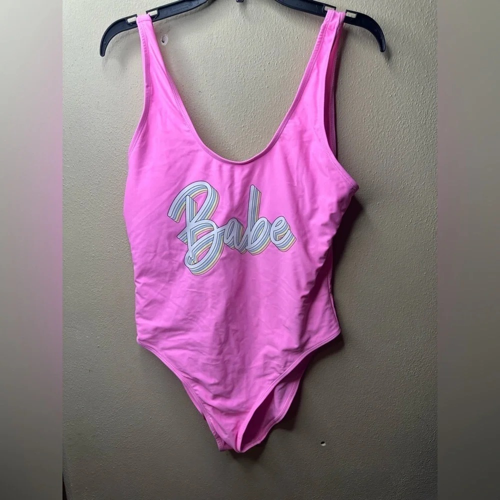 Women's Large One Piece Bathing Suit Swimsuit Solid Bright Neon Pink BABE Logo